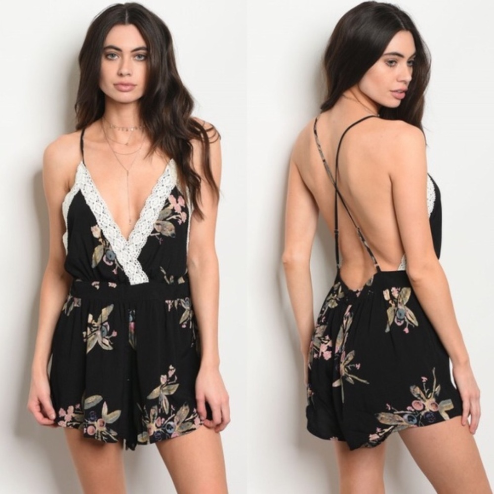 SALE! Black Floral Lace Romper